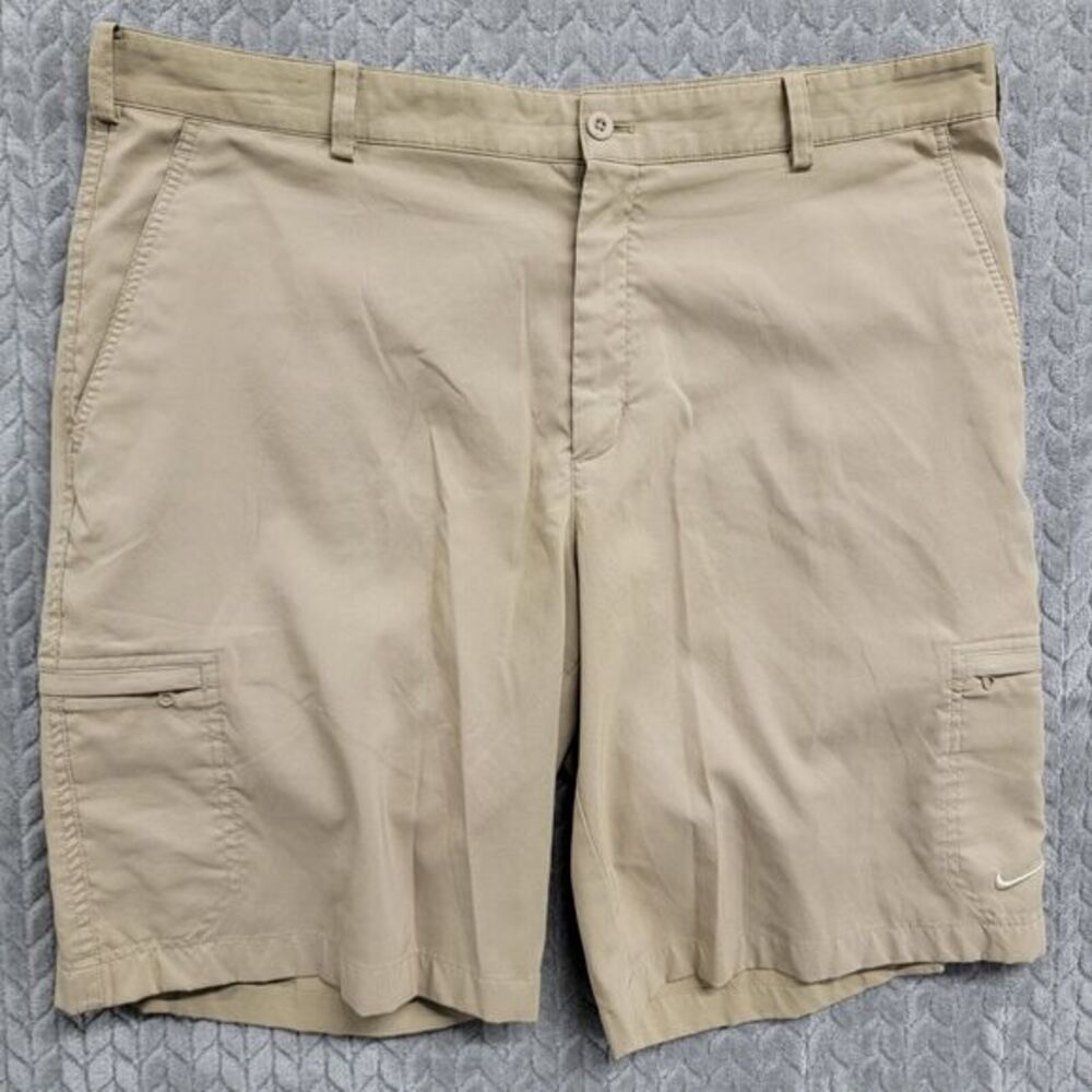 Nike Golf Shorts 38 Khaki Tan STRETCH Dri Fit Zip‎ Cargo Pockets 401501